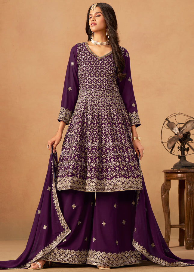 Purple Embroidered Sharara Suit