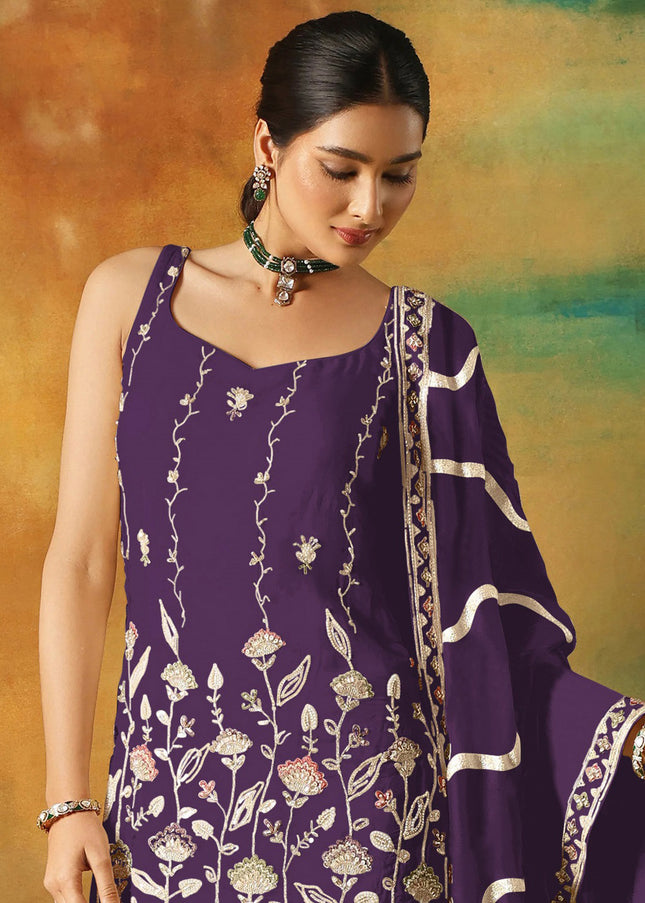 Purple Embroidered Gharara Suit