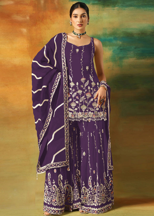 Purple Embroidered Gharara Suit