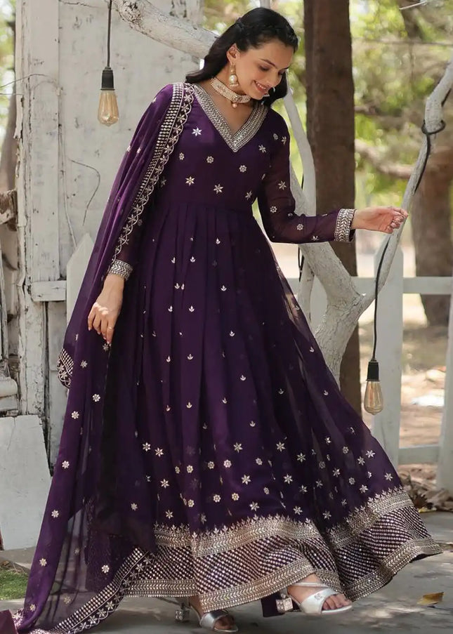 Purple Embroidered Anarkali Gown