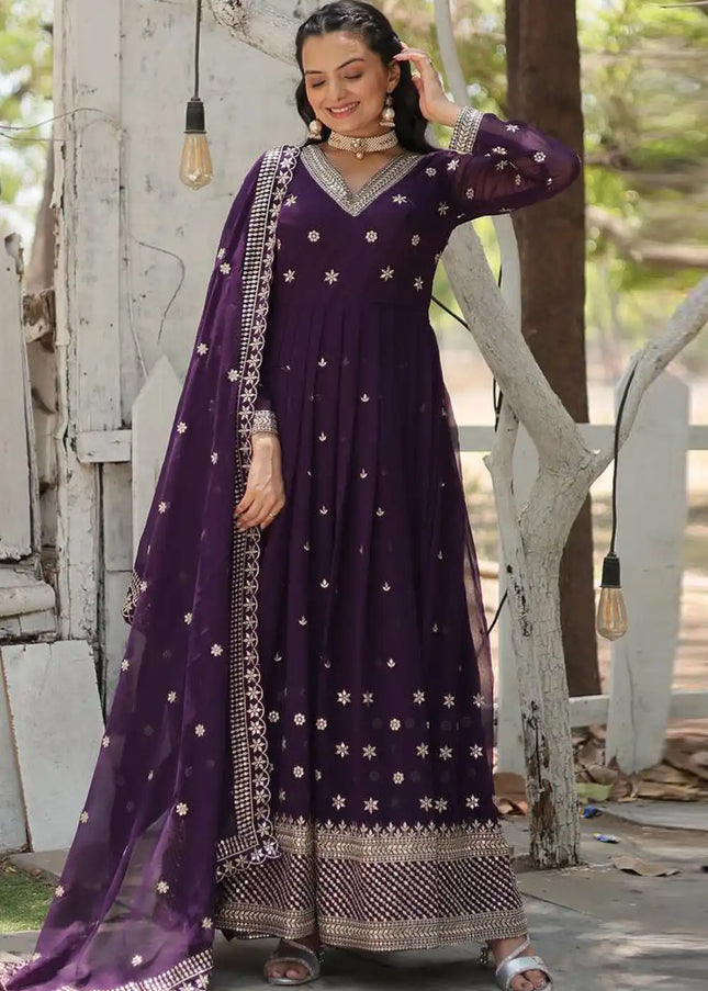 Purple Embroidered Anarkali Gown