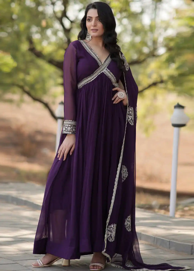 Purple Embroidered Anarkali Gown