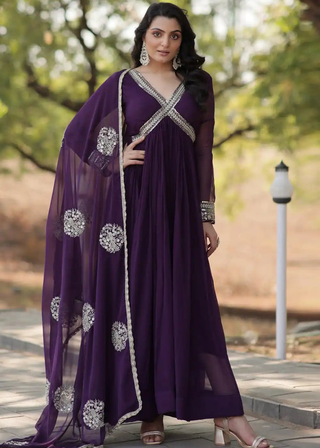 Purple Embroidered Anarkali Gown