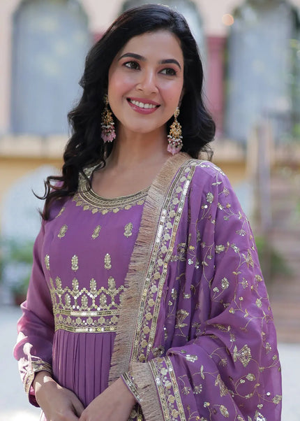 Purple and Gold Embroidered Anarkali Gown