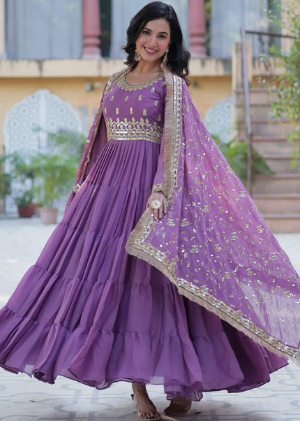 Purple and Gold Embroidered Anarkali Gown