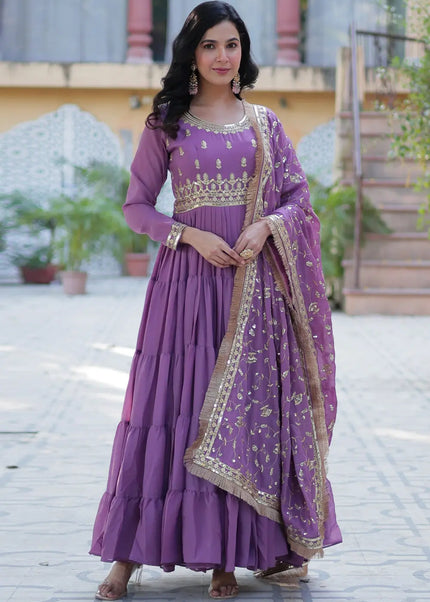 Purple and Gold Embroidered Anarkali Gown
