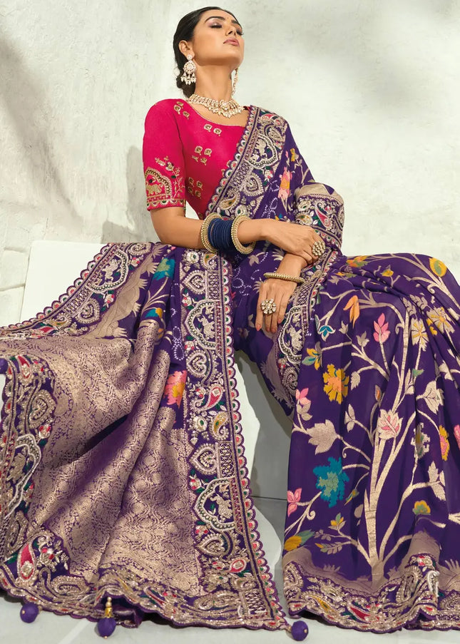 Pink and Purple Embroidered Saree