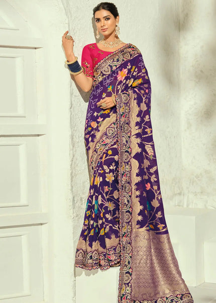 Pink and Purple Embroidered Saree