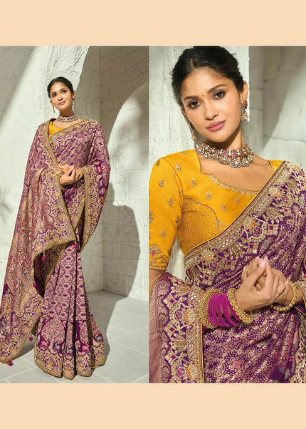 Yellow and Purple Embroidered Saree