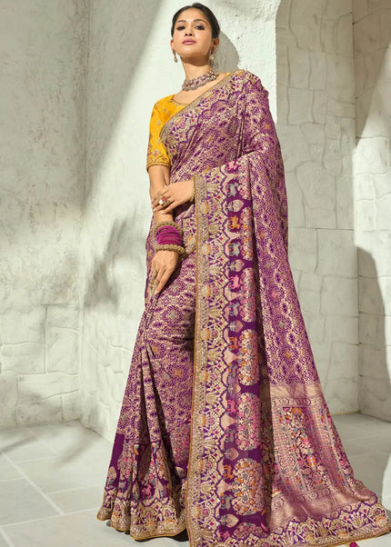 Yellow and Purple Embroidered Saree