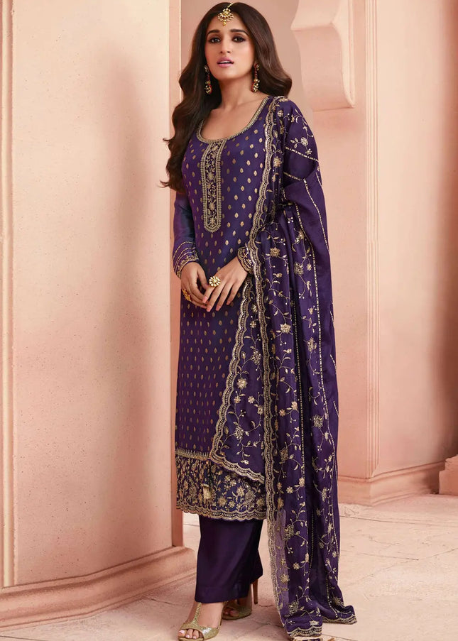 Purple Embroidered Pant Style Suit