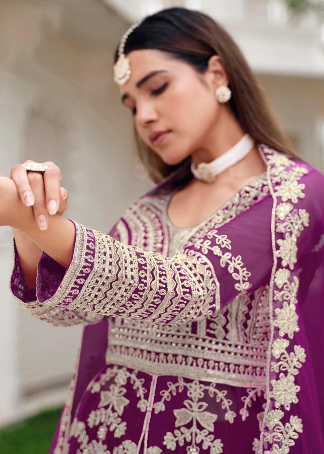 Purple Embroidered Pant Style Lehenga Anarkali