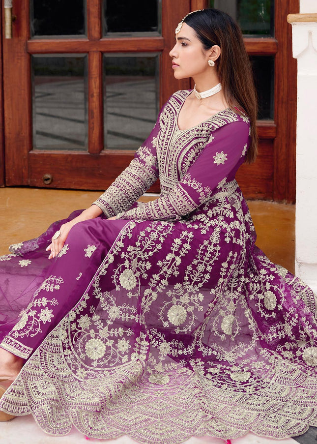 Purple Embroidered Pant Style Lehenga Anarkali