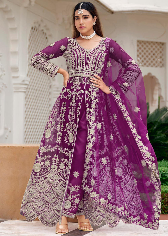Purple Embroidered Pant Style Lehenga Anarkali
