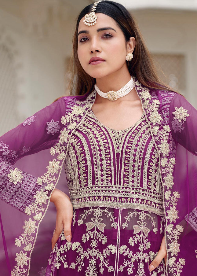 Purple Embroidered Pant Style Lehenga Anarkali
