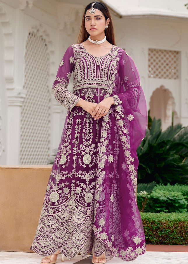 Purple Embroidered Pant Style Lehenga Anarkali