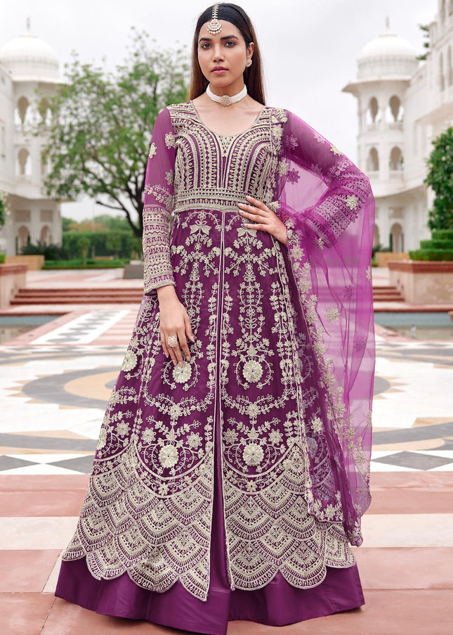 Purple Embroidered Pant Style Lehenga Anarkali