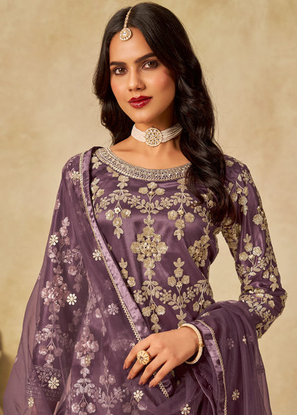 Purple Embroidered Sharara Suit