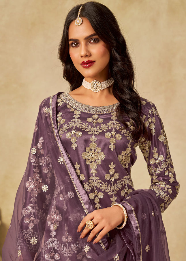 Purple Embroidered Sharara Suit