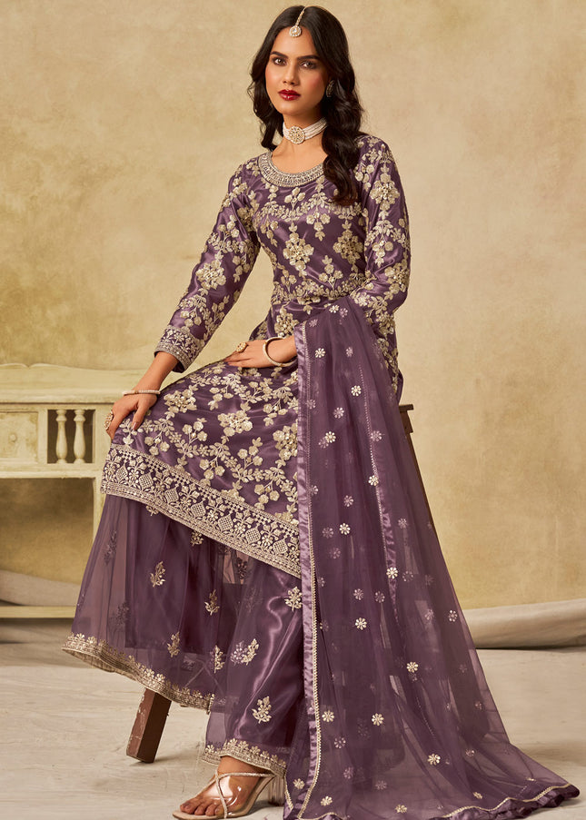 Purple Embroidered Sharara Suit