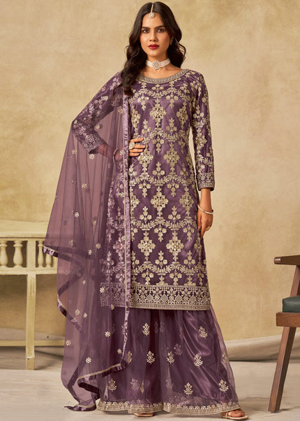 Purple Embroidered Sharara Suit