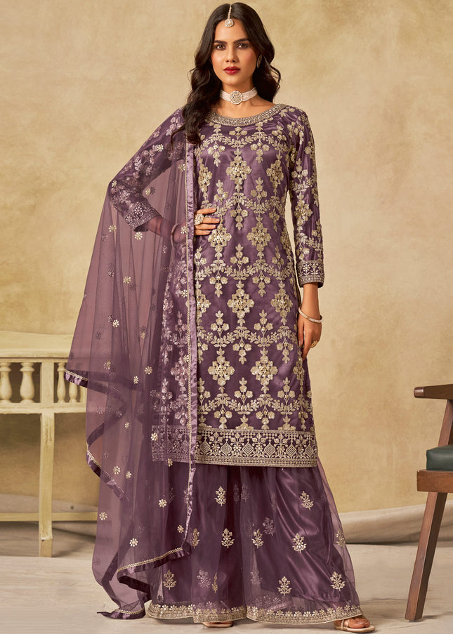 Purple Embroidered Sharara Suit