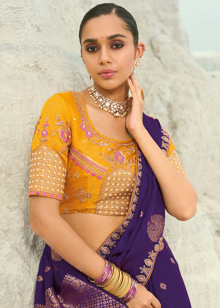 Yellow and Purple Embroidered Saree