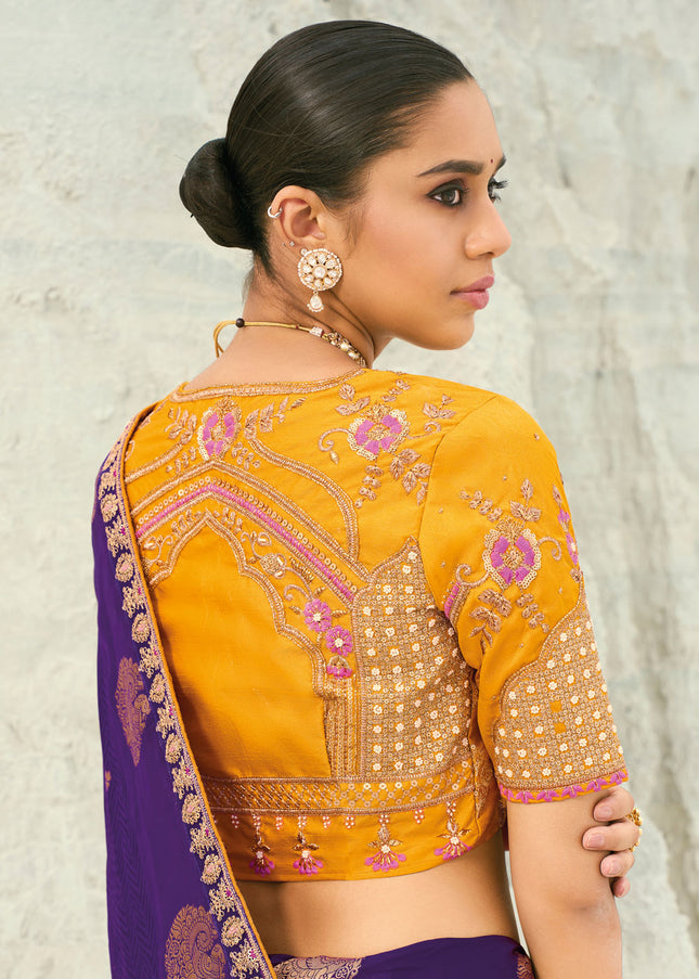 Yellow and Purple Embroidered Saree
