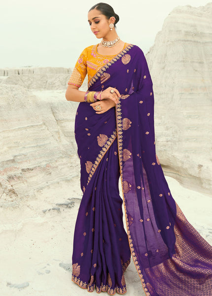 Yellow and Purple Embroidered Saree