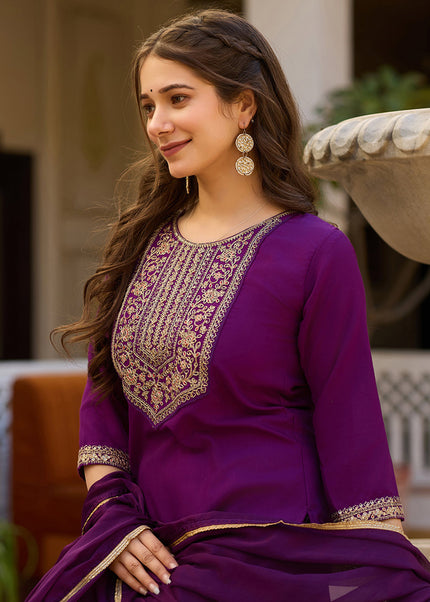 Purple Embroidered Pant Style Suit
