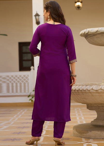 Purple Embroidered Pant Style Suit