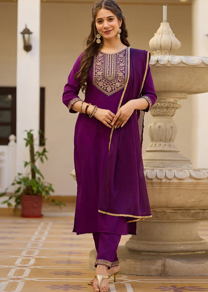 Purple Embroidered Pant Style Suit