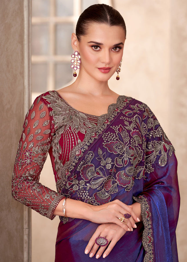 Purple Embroidered Saree