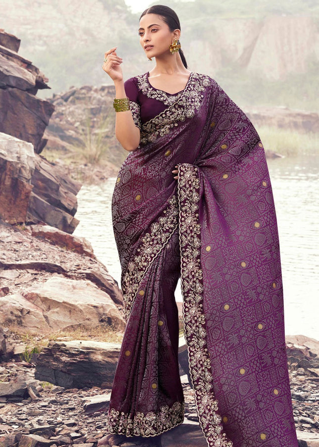Purple Embroidered Wedding Saree