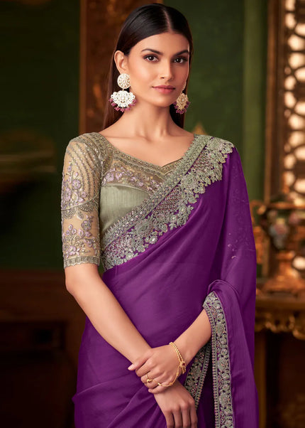 Purple and Sea Green Embroidered Saree