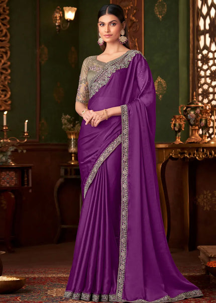 Purple and Sea Green Embroidered Saree