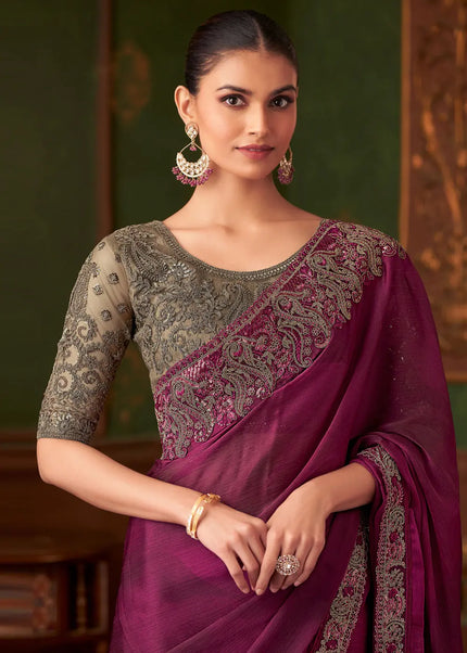 Maroon and Grey Embroidered Saree