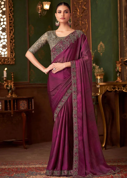 Maroon and Grey Embroidered Saree