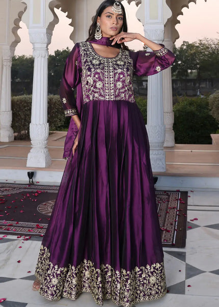 Purple Embroidered Anarkali Gown