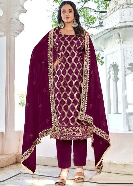 Maroon Embroidered Pant Style Suit