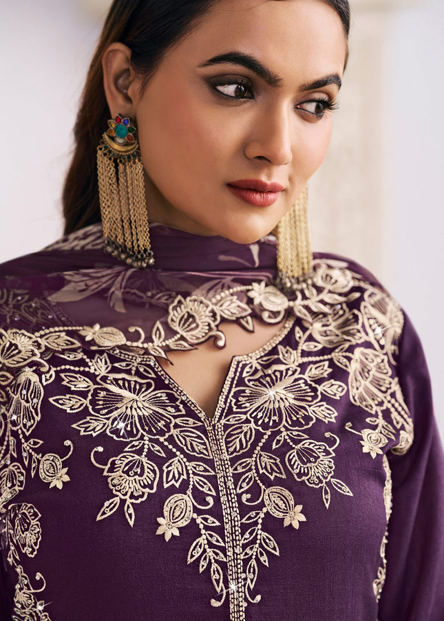 Purple Printed and Embroidered Palazzo Suit