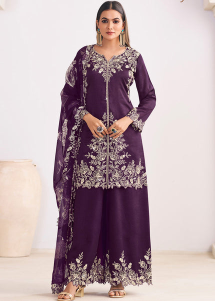 Purple Printed and Embroidered Palazzo Suit