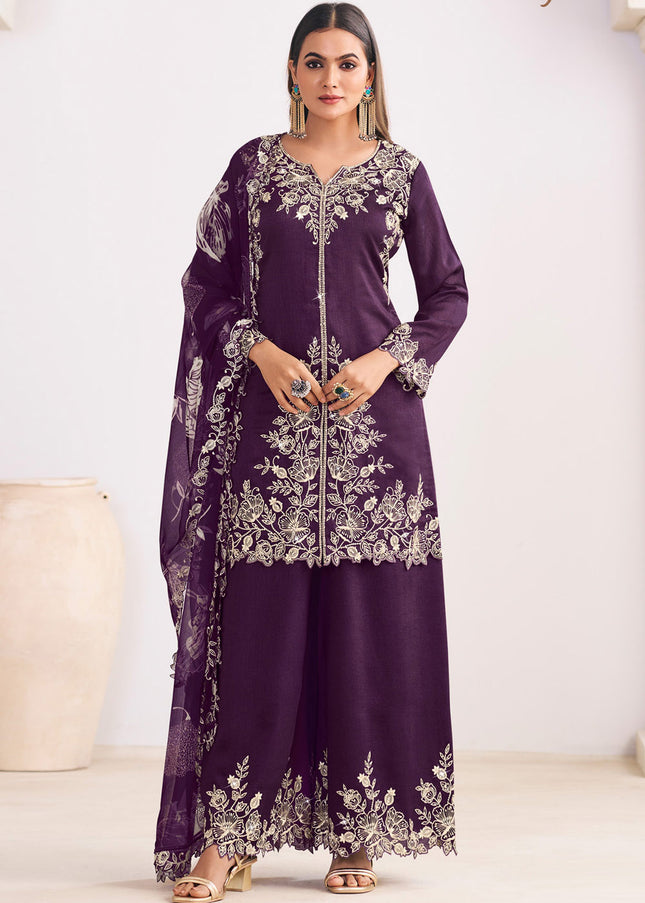 Purple Printed and Embroidered Palazzo Suit