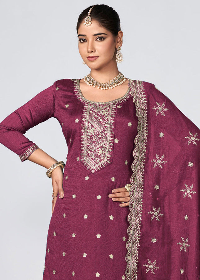 Purlple Multi Embroidered Pant Style Suit