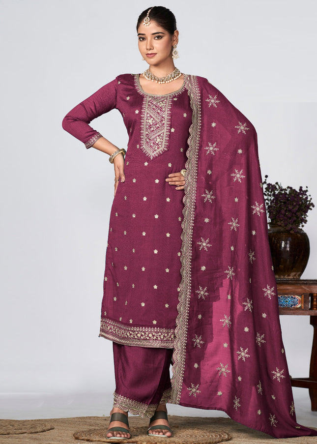 Purlple Multi Embroidered Pant Style Suit