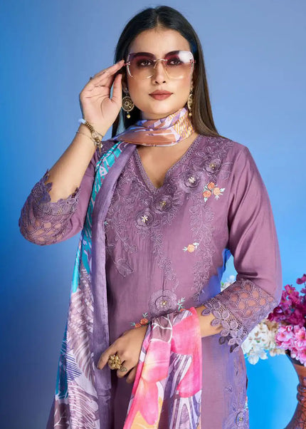 Purple Embroidered Pant Style Suit