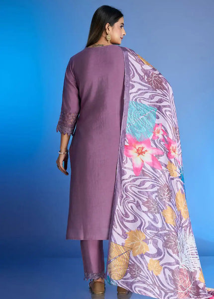 Purple Embroidered Pant Style Suit