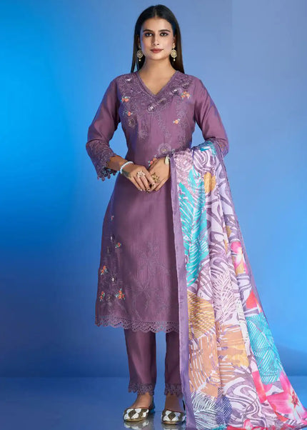 Purple Embroidered Pant Style Suit