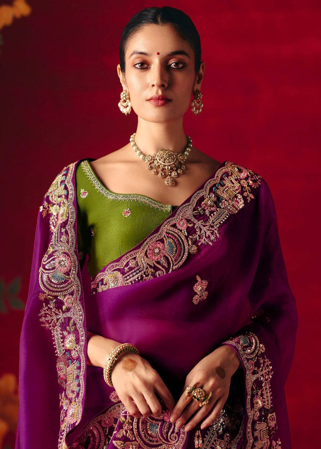 Purple and Green Embroidered Festive Saree