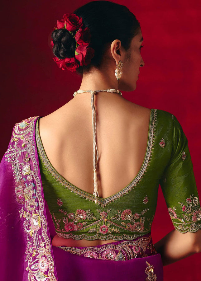 Purple and Green Embroidered Festive Saree
